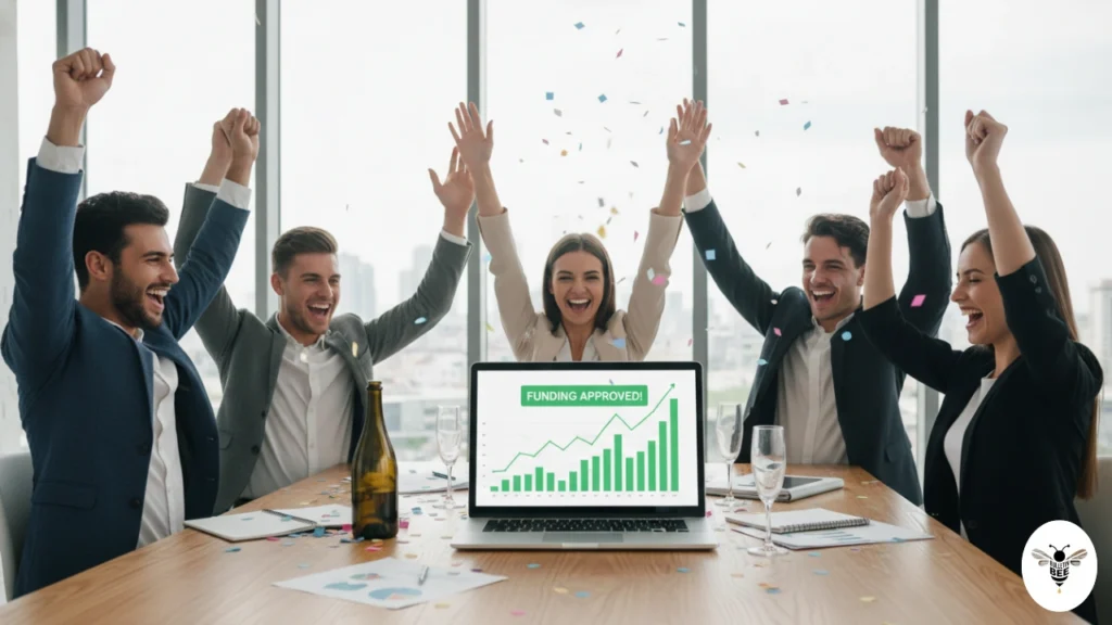 startup team celebrating funding success on fintechasia .net start me up