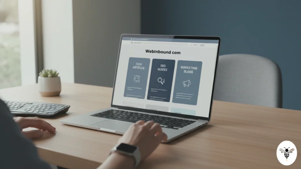 user browsing webinbound com on laptop with tech