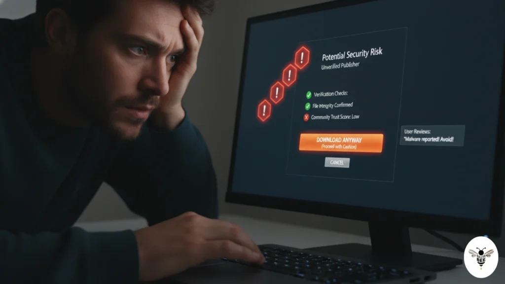 user checking software download with warning icons and verification steps – software keepho5ll