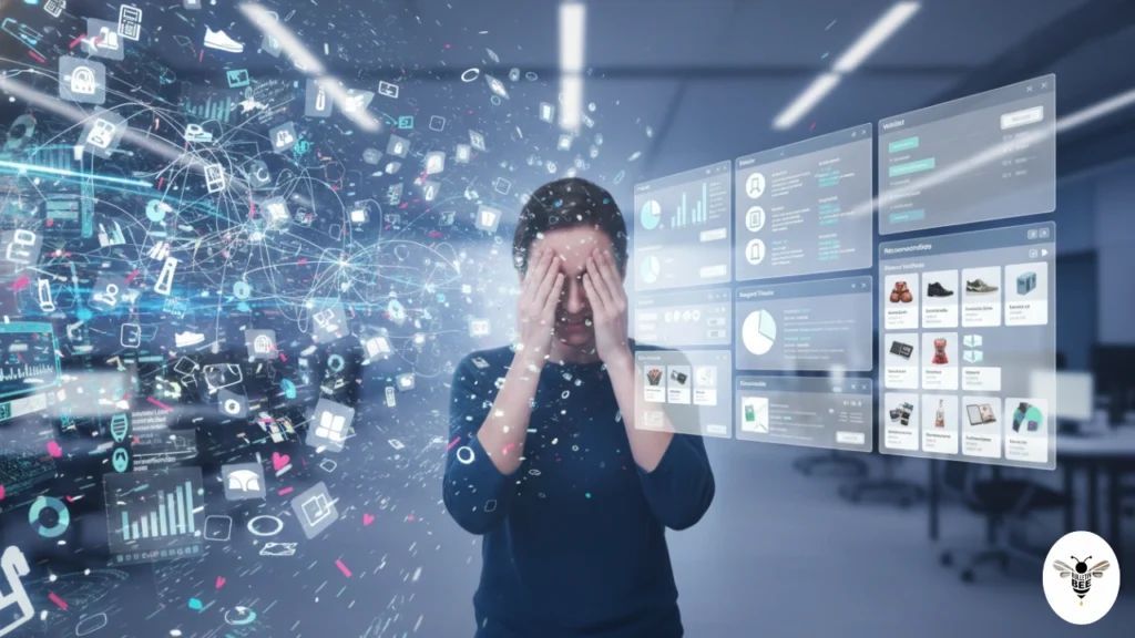 user overwhelmed by options transforming into organized dashboard pinoroduct com