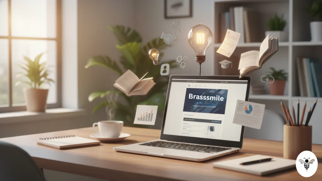 workspace with laptop showing brasssmile com homepage